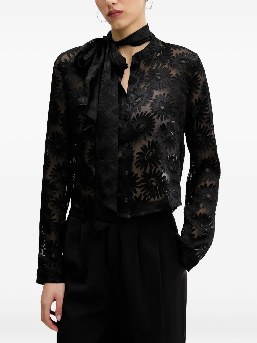 Floral-print tie-neck shirt - Black