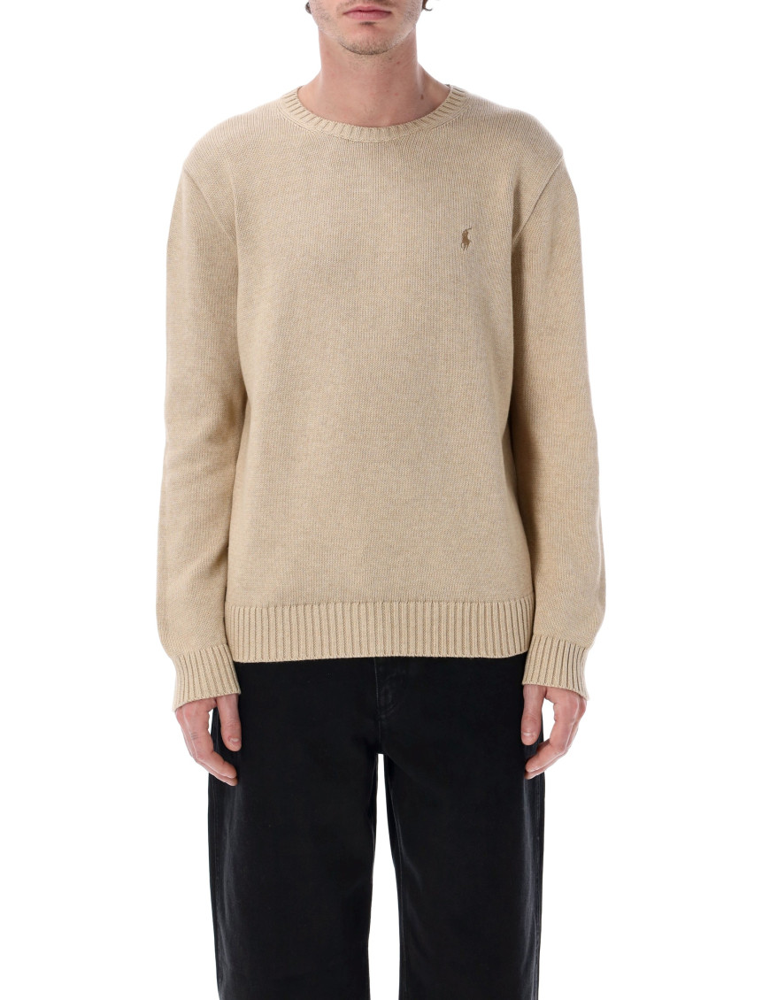 Beige Crewneck Logo-Embroidered Sweater