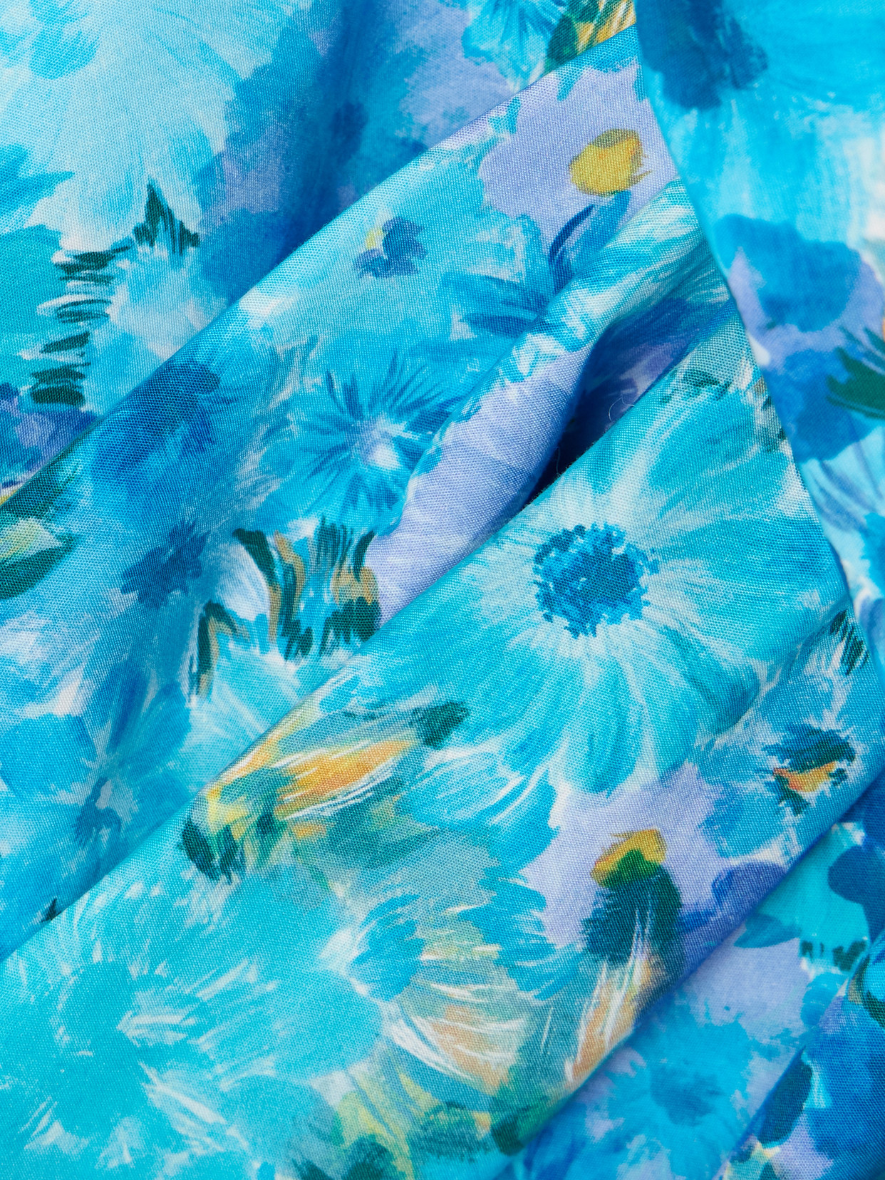 Asymmetric Bow-detailed Draped Gathered Floral-print Cotton Mini Dress - Blue