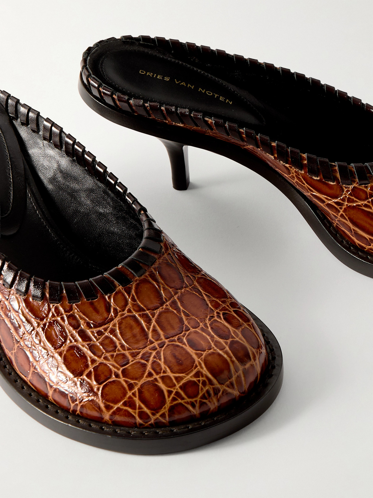 Croc-effect Leather Mules - Brown
