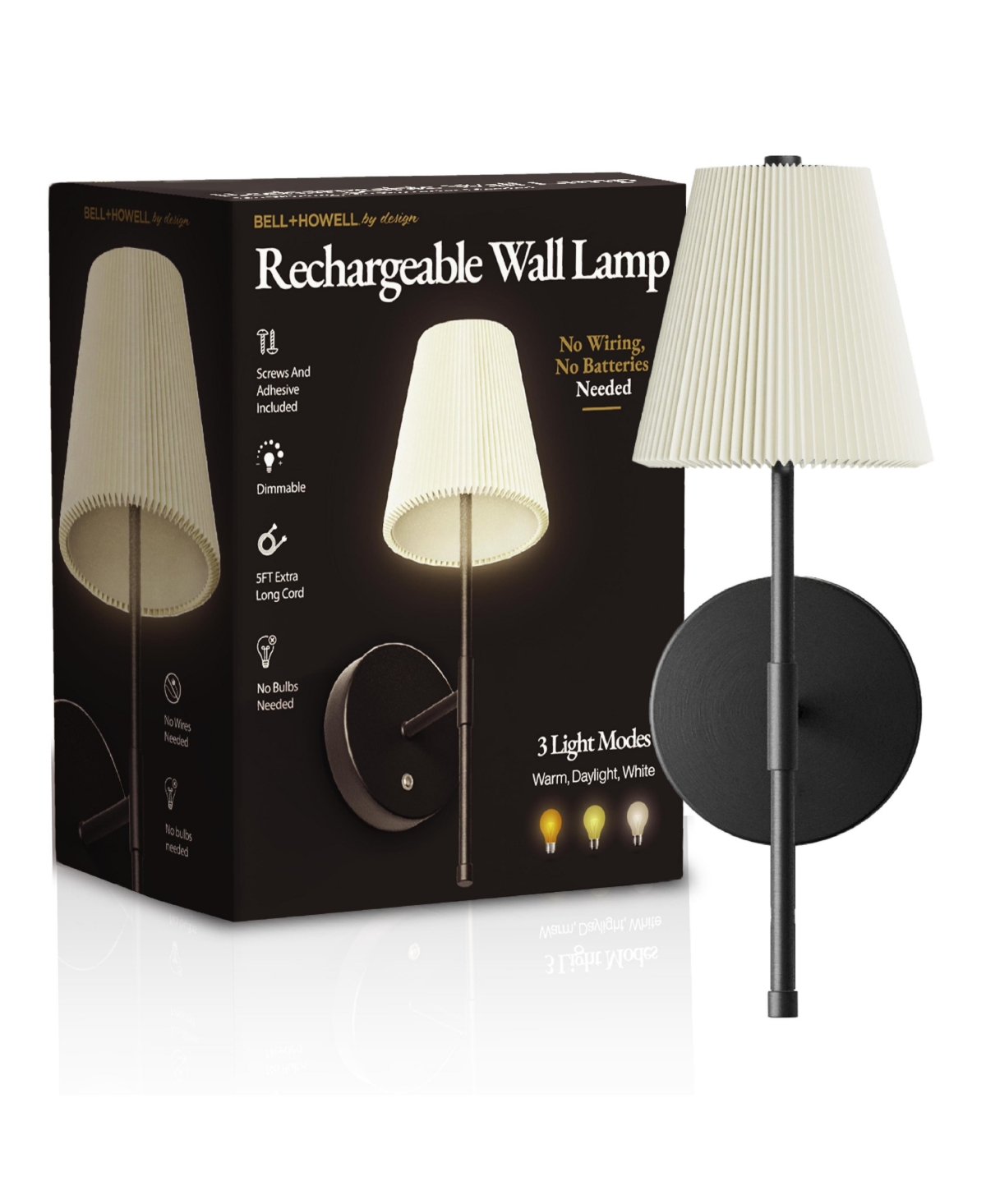 Pleated Shade Dimmable Led Rechargeable Cordless Touch Control Lights Wall Sconces - Black