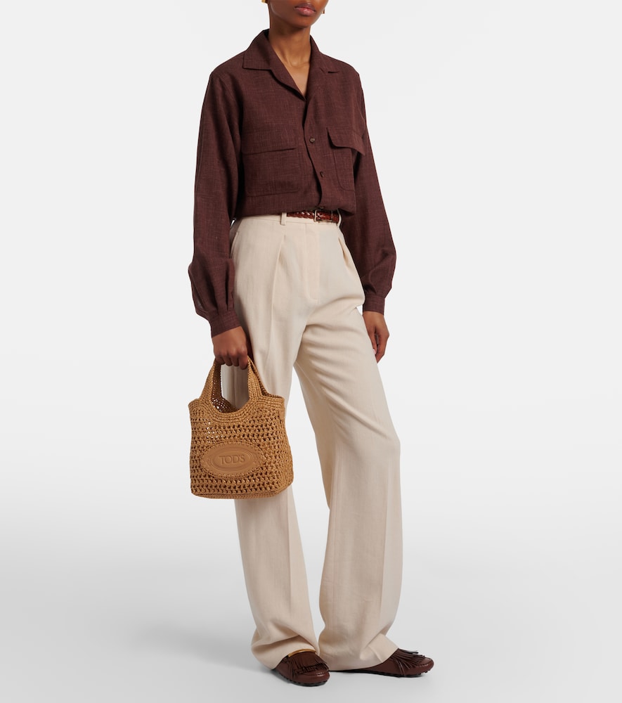Logo leather-trimmed raffia tote bag