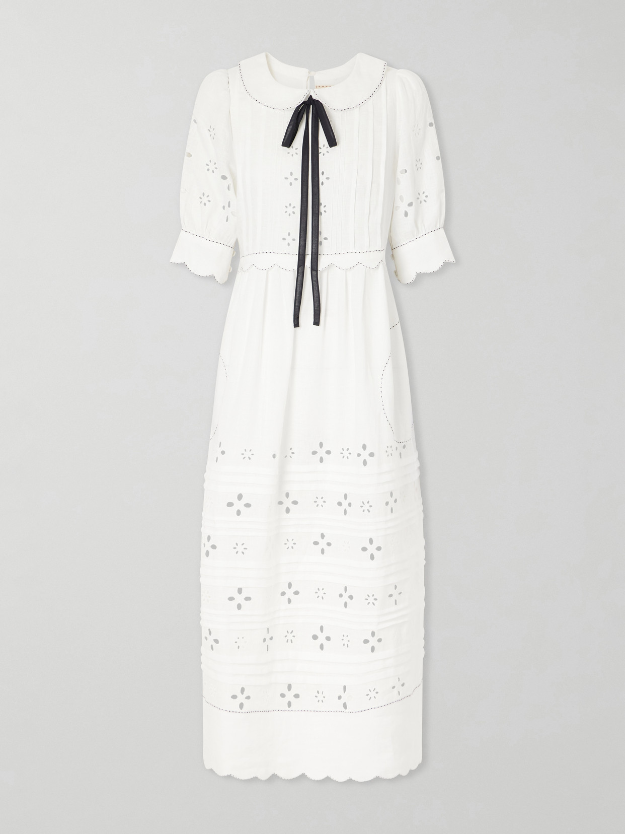 Bari Tie-detailed Broderie Anglaise-trimmed Linen Midi Dress - White