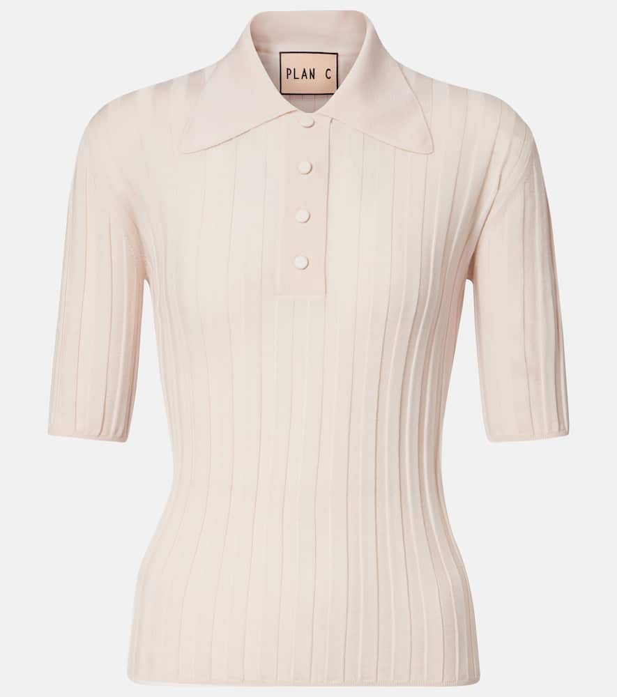 Ribbed-knit wool polo shirt