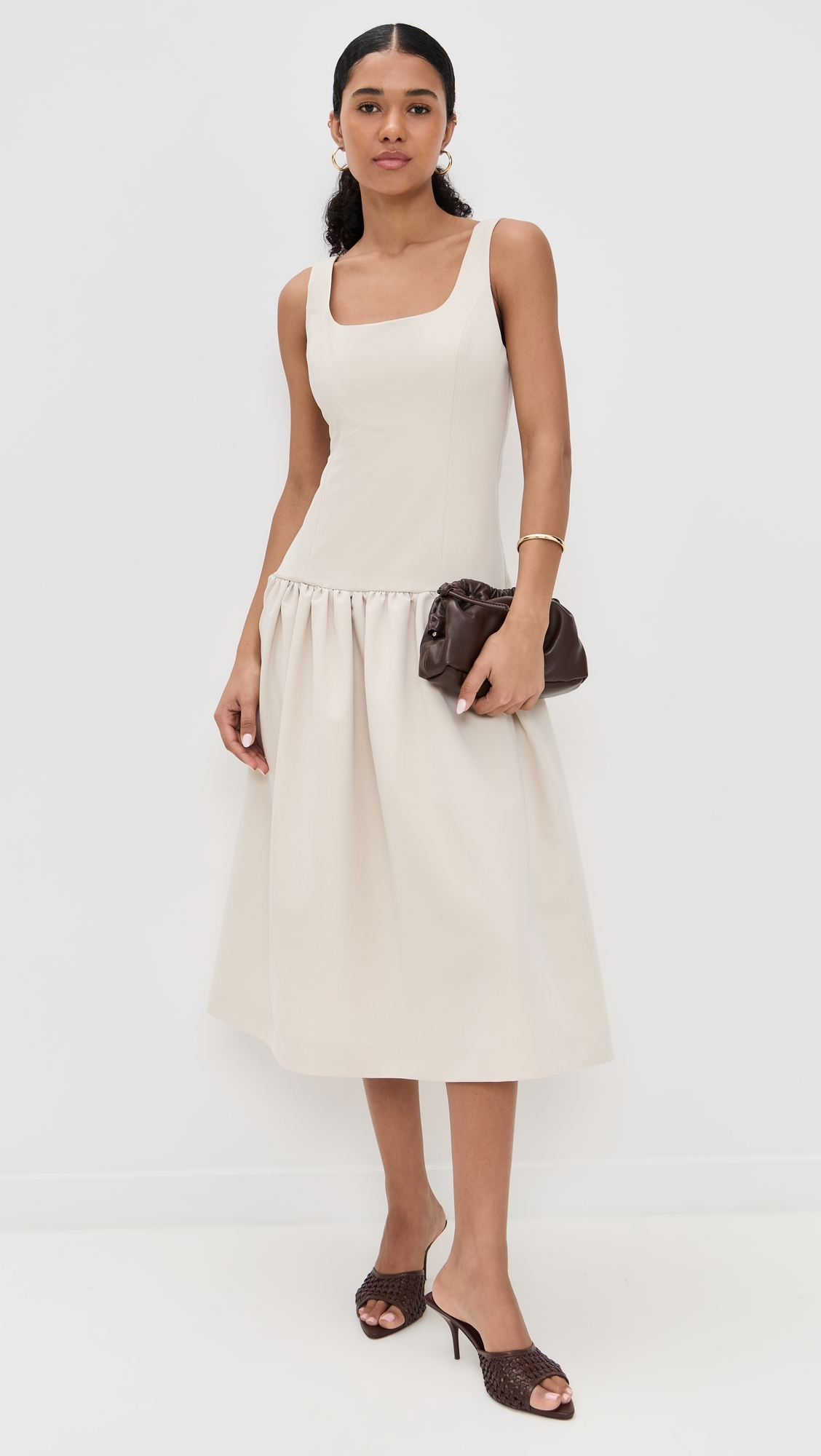 Drop Waist Peplum Midi Dress Beige 