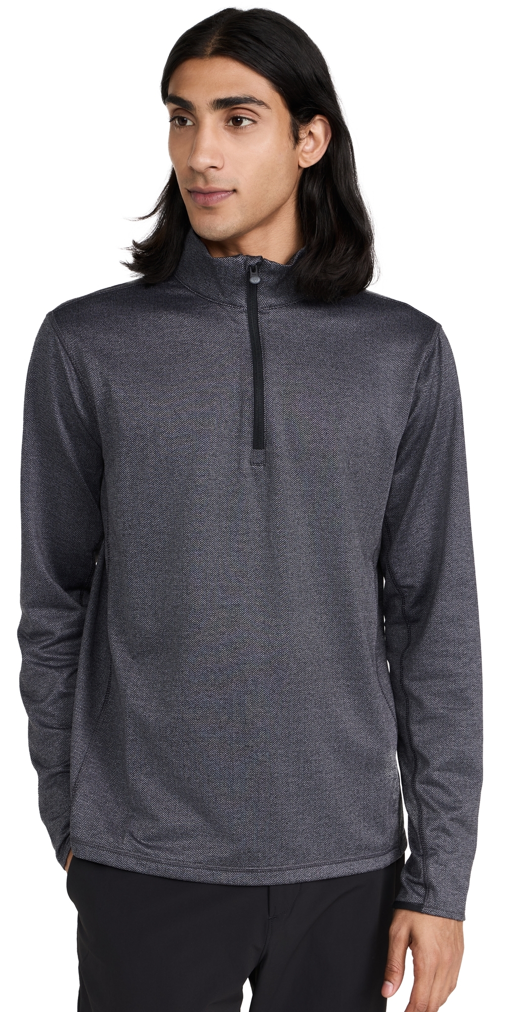 Tate Herringbone Mock Neck Quarter Zip Black Herringbone