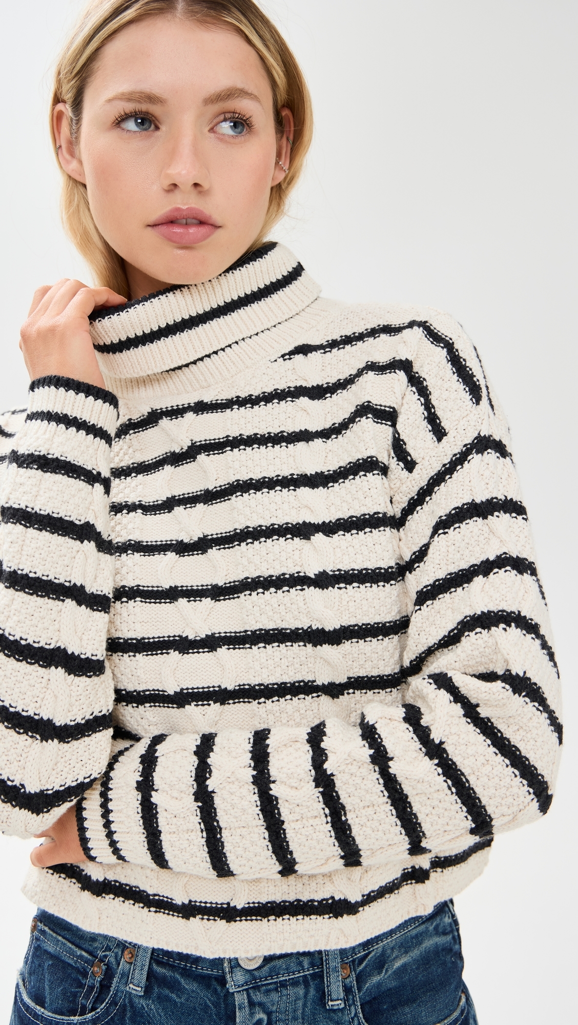 Cable Cropped Crew Sweater Stripe