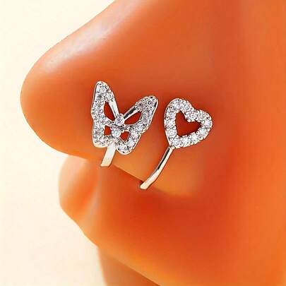 2 Pieces Of Fashionable And Elegant Copper Inlaid Zirconia Free Piercing Heart-Shaped Butterfly Nose Nail Nose Clip Fake Nose Ring Fake Piercing Jewe