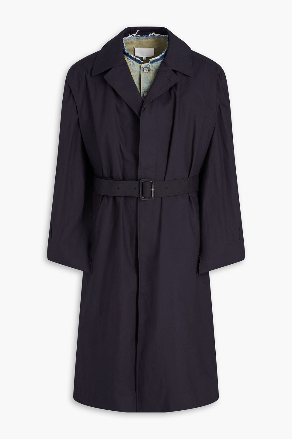 Belted layered denim, seersucker, and cotton-poplin trench coat