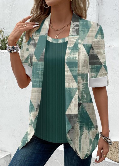 Modlily Sage Green Geometric Print Fake Two Piece Twinset