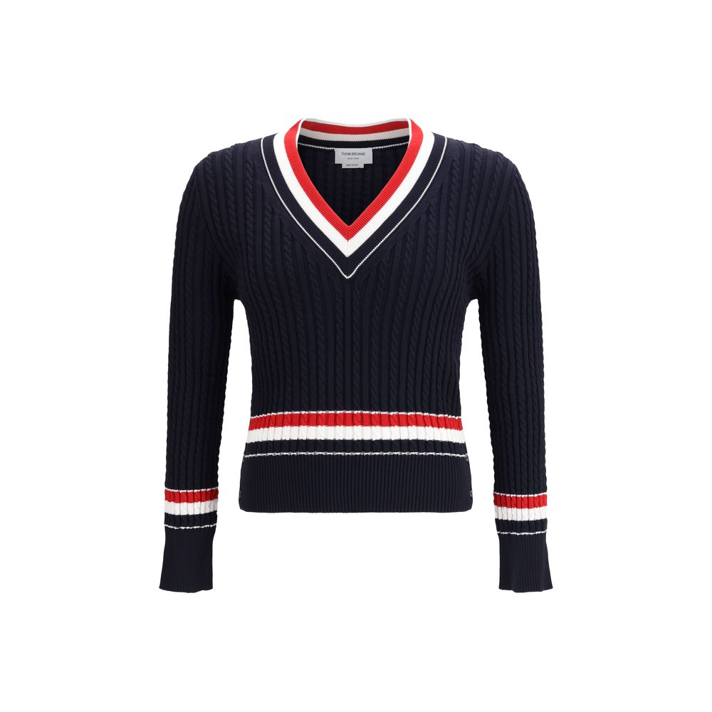 Intarsia Cable-Knit V-Neck Sweater — Navy