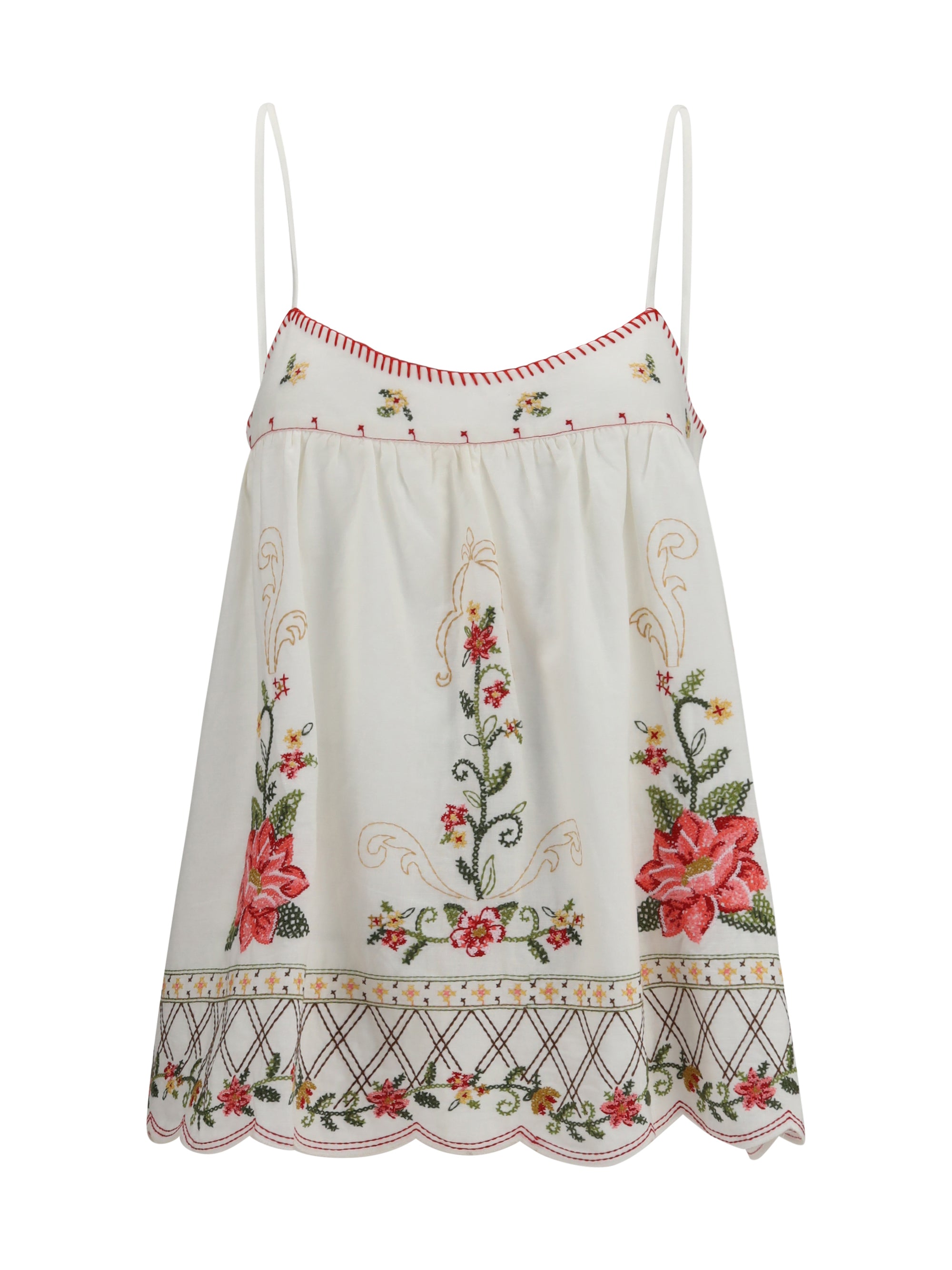 Floral-Embroidered Linen-Viscose Blouse — White