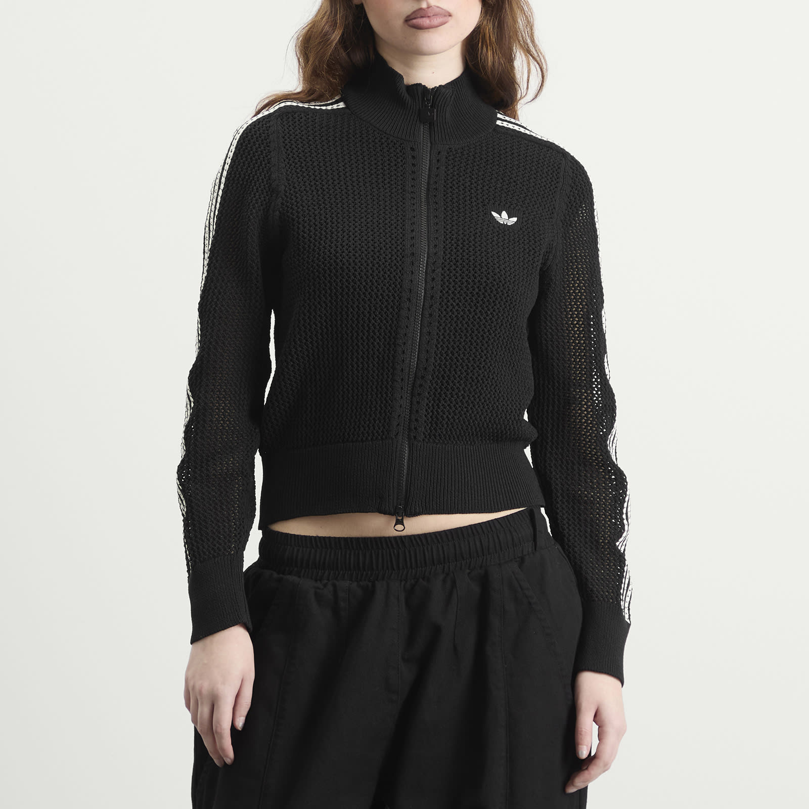 Women's Crochet Track Top in Black