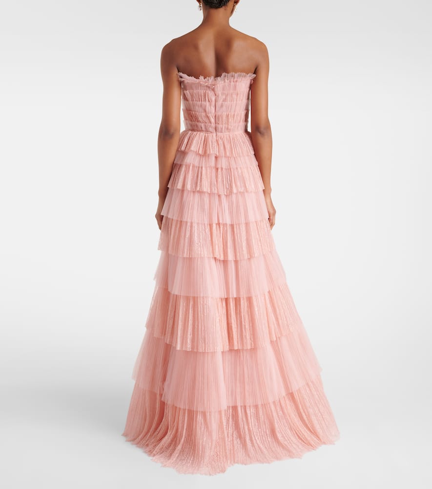 Trissa plissé tiered tulle and lace gown