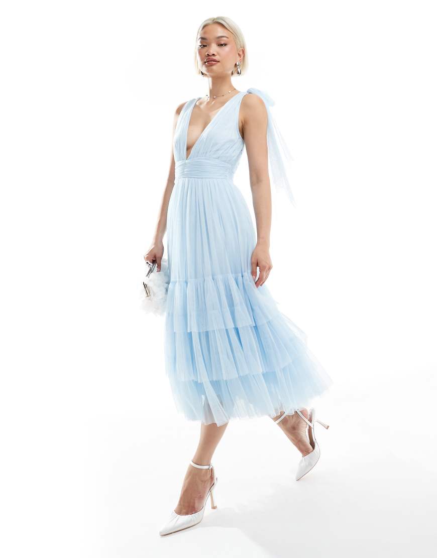 Lace & Beads Bridesmaid Madison bow shoulder tiered midi dress in powder blue