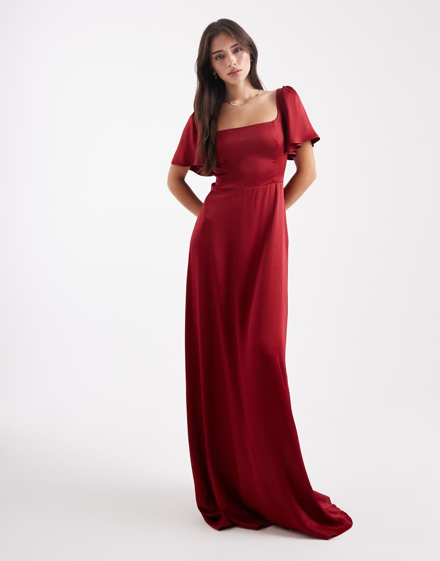 Bridesmaid square neck flutter sleeve maxi dress in burgundy-Purple
