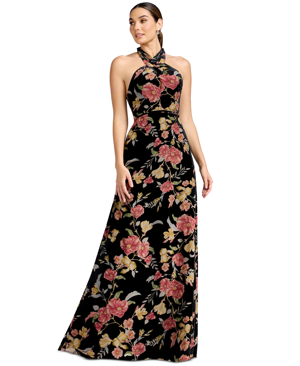 Women's Halter Column Floral Dress - Black Multi