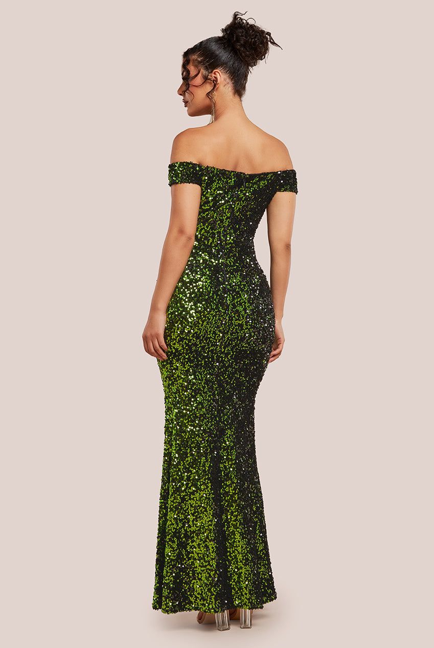 Sequin Velvet Bardot Evening Maxi Dress