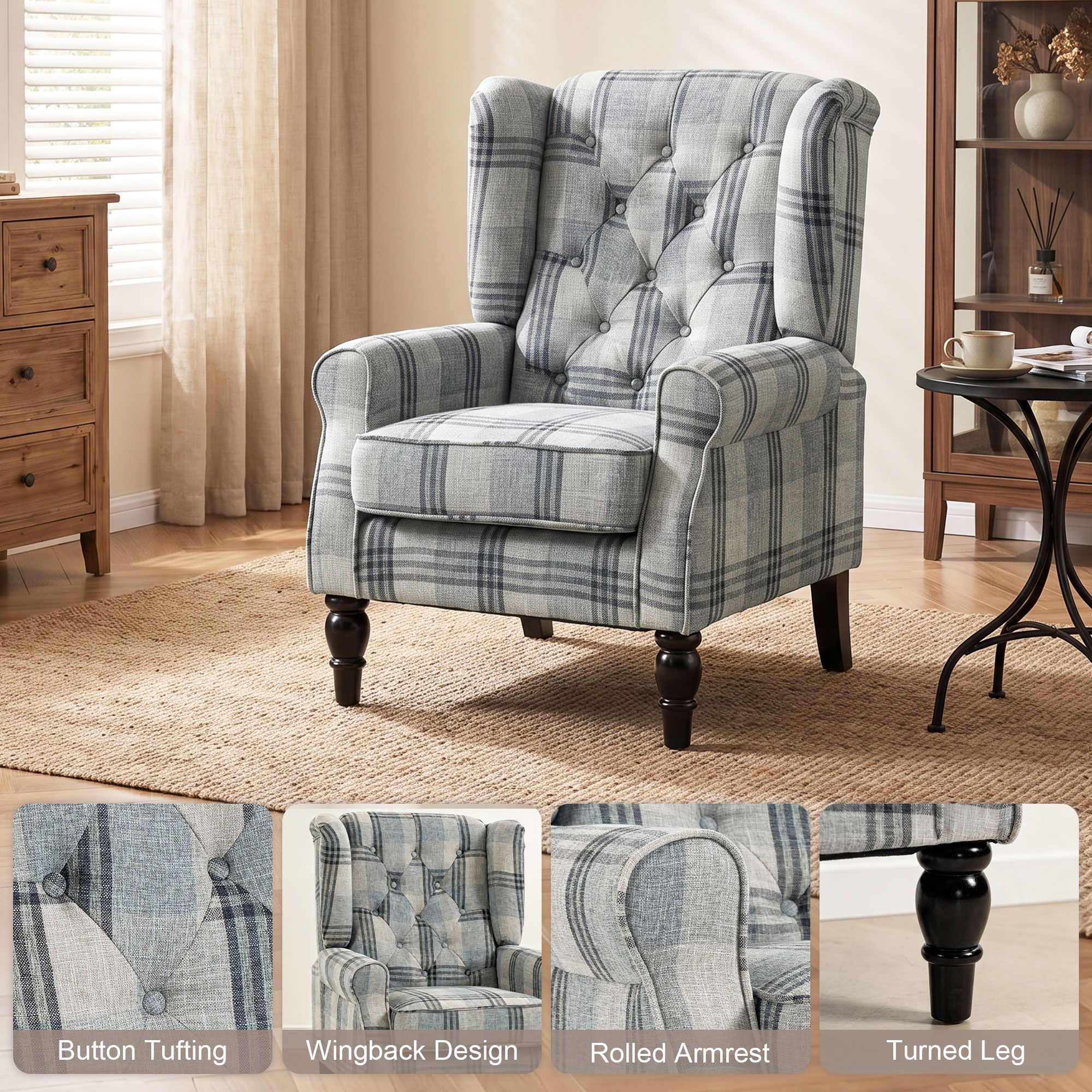 Homcom Accent Chair Wingback Armchair Retro Tufted Club Wood Fabric, Mixed