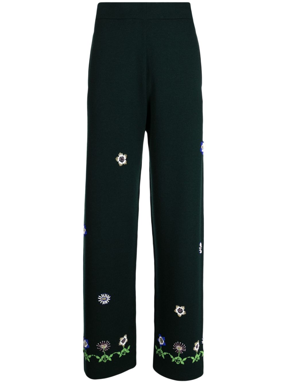Floral-embroidered wool trousers - Green