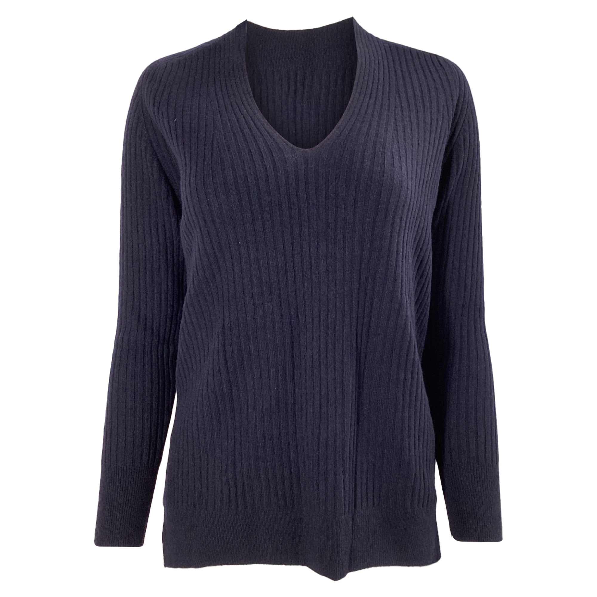 V-neck Ribbed Sweater in Navy Blue Cashmere
