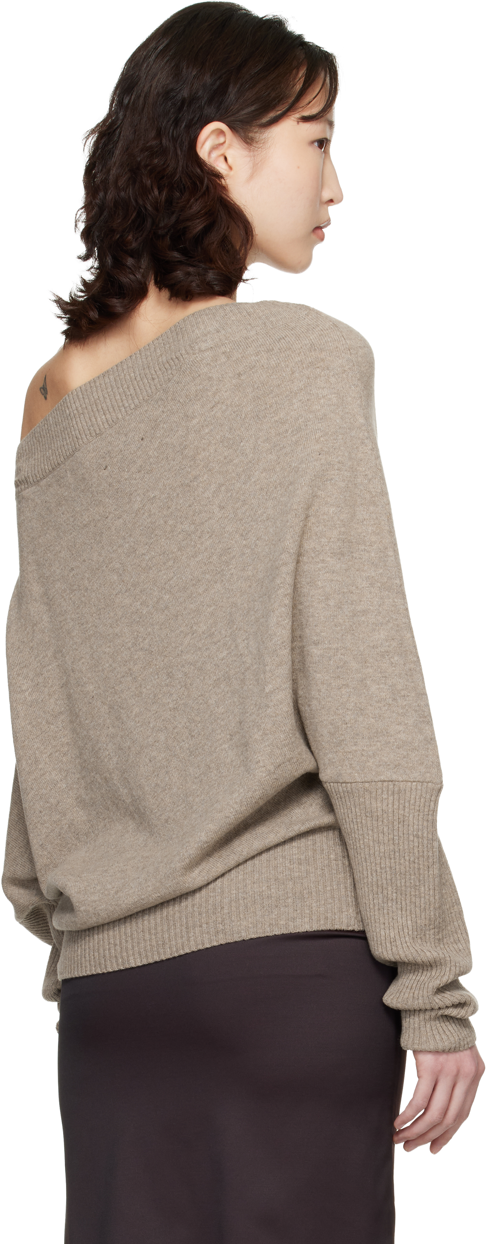 Taupe Merino Wool Off-Shoulder Sweater