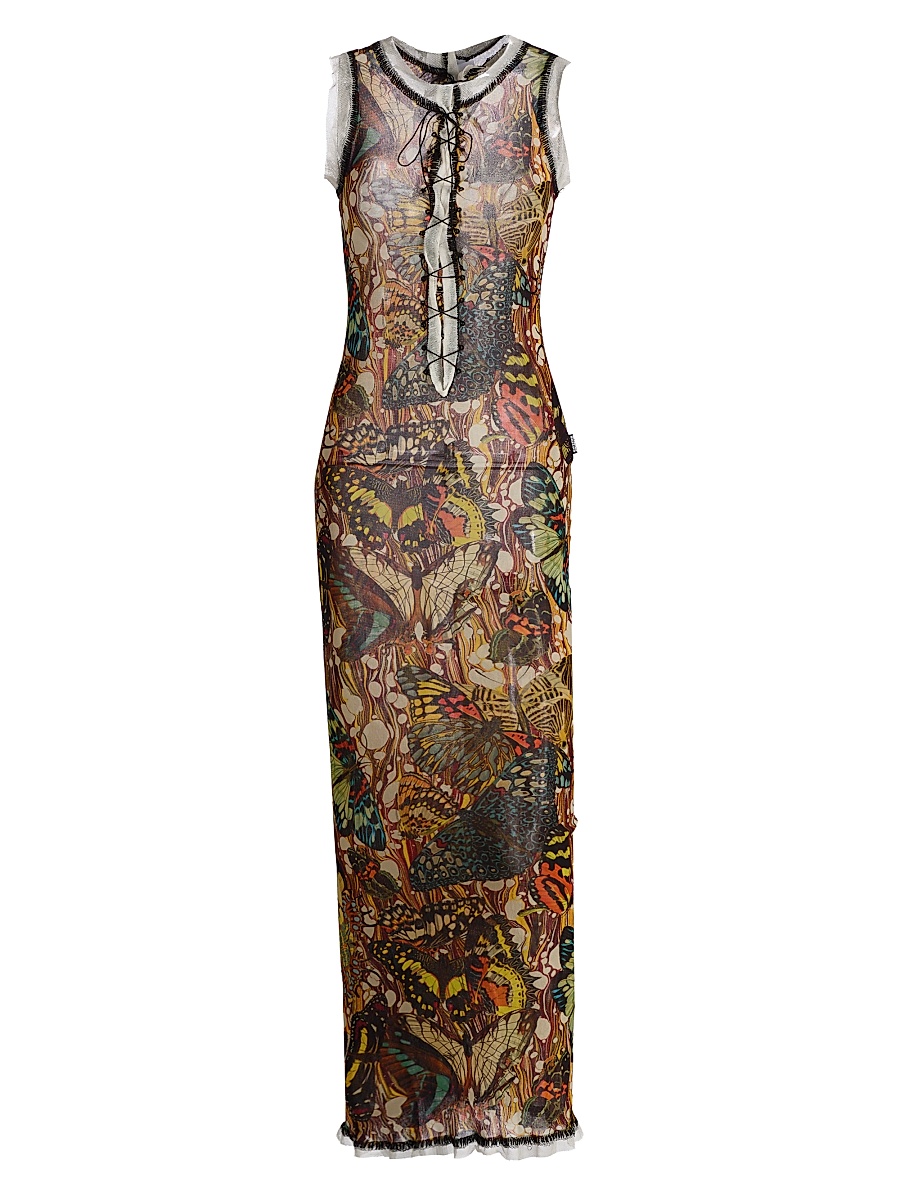 Women's Butterfly-Print Sleeveless Mesh Maxi Dress - Yellow Multicolor