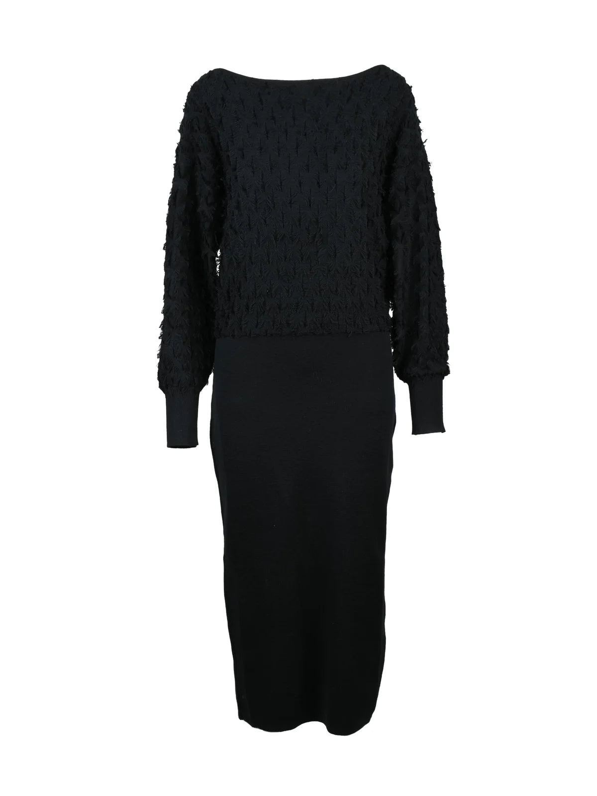 Textured Long Knit Dress With Fluid Silhouette And Voluminous Sleeves
