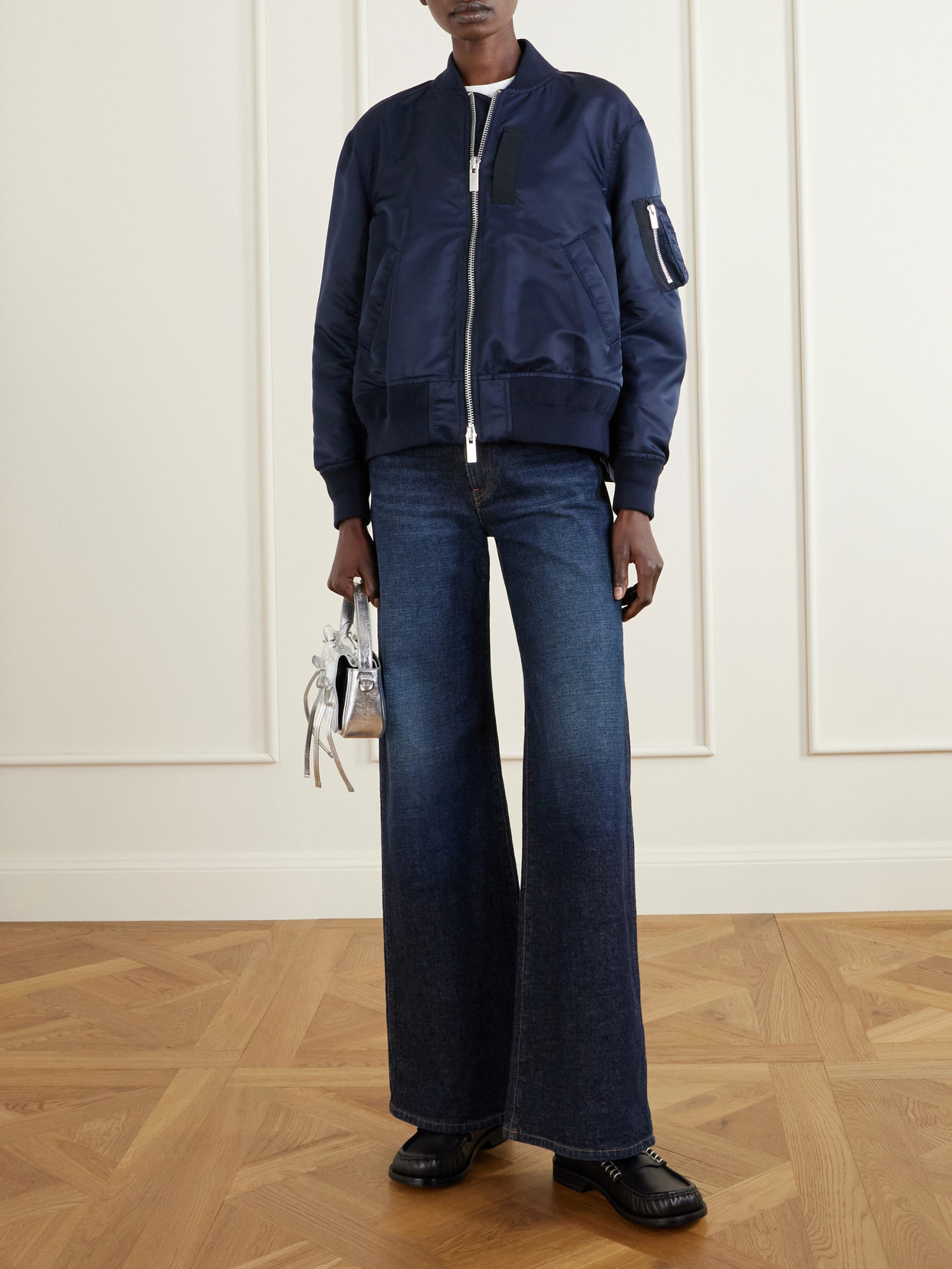 Pleated Padded Shell Bomber Jacket - Navy