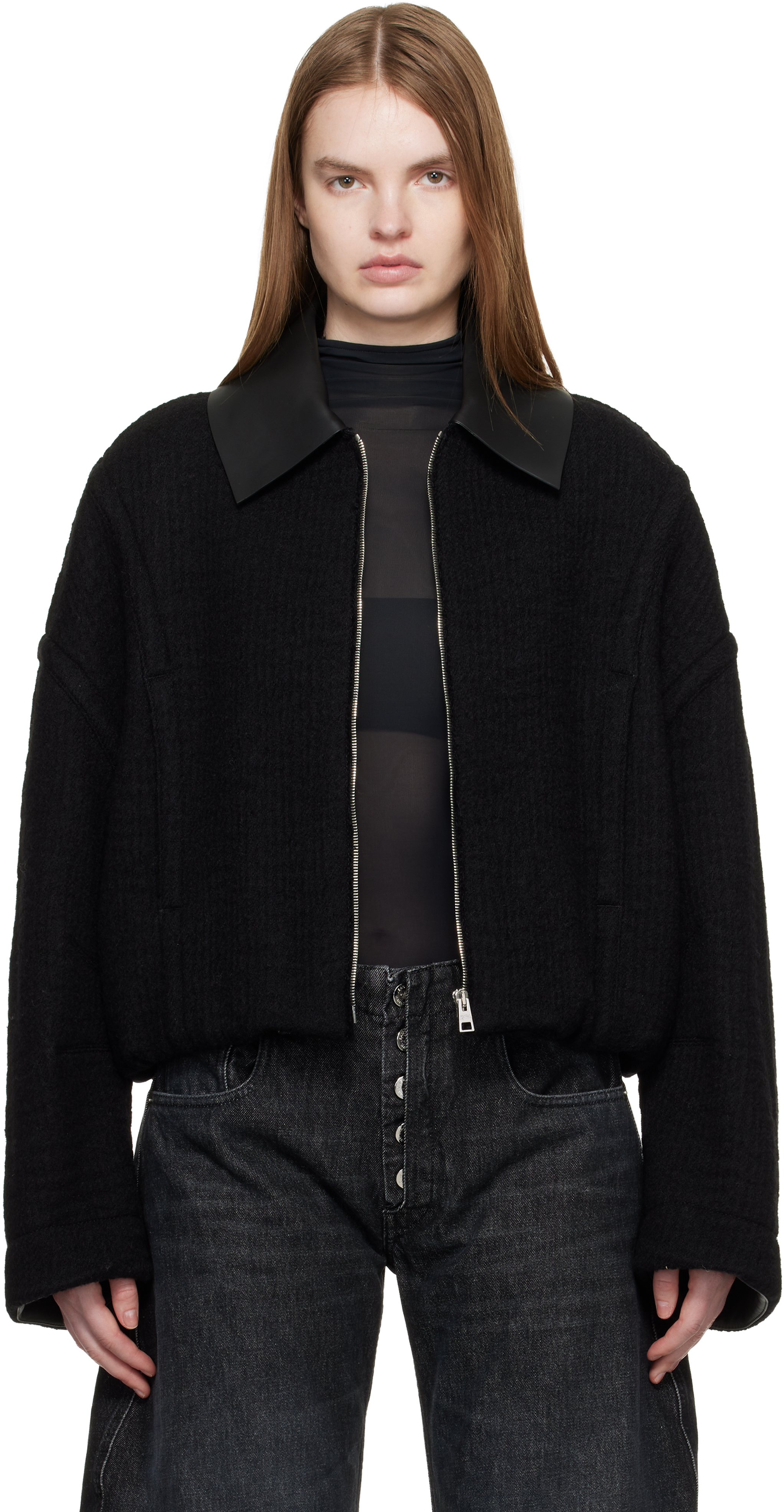 Black Heavy Wool Bomber Jacket