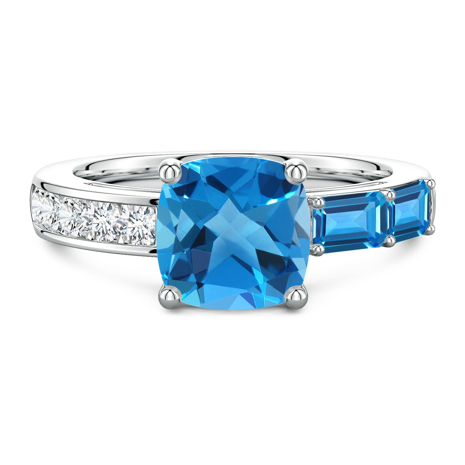 Lee Harris x Angara 3.49 CTW Cushion Swiss Blue Topaz Modern Art Deco Inspired Side Stone Ring in Platinum