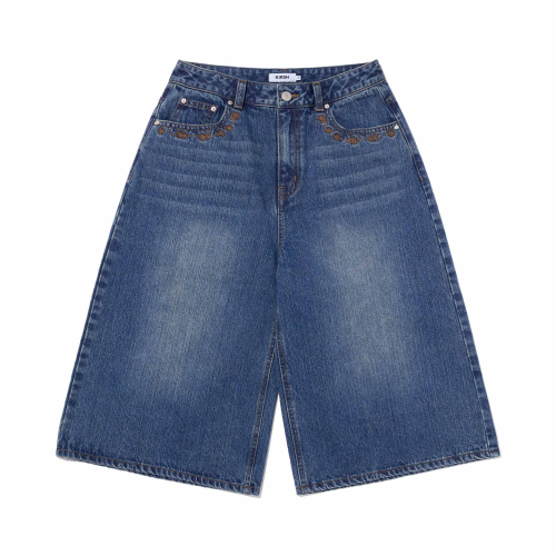 Pocket Ribbon Detail Wide Fit Denim Shorts