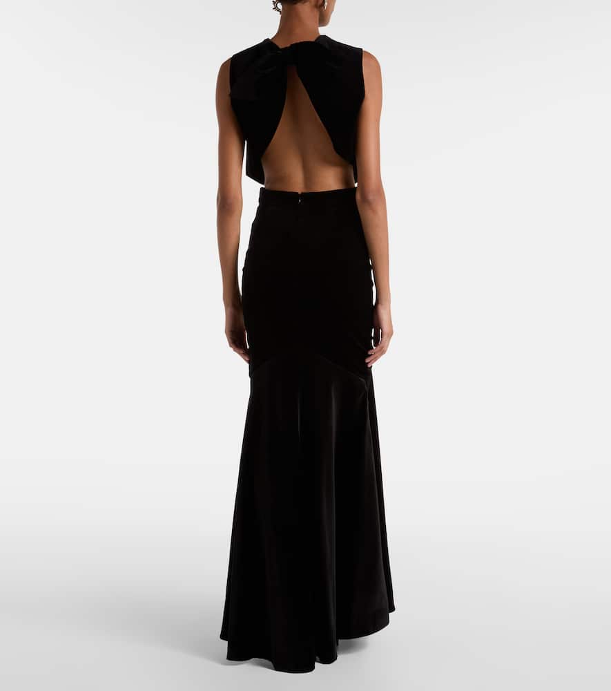 Bow-detail cotton-blend velvet crop top