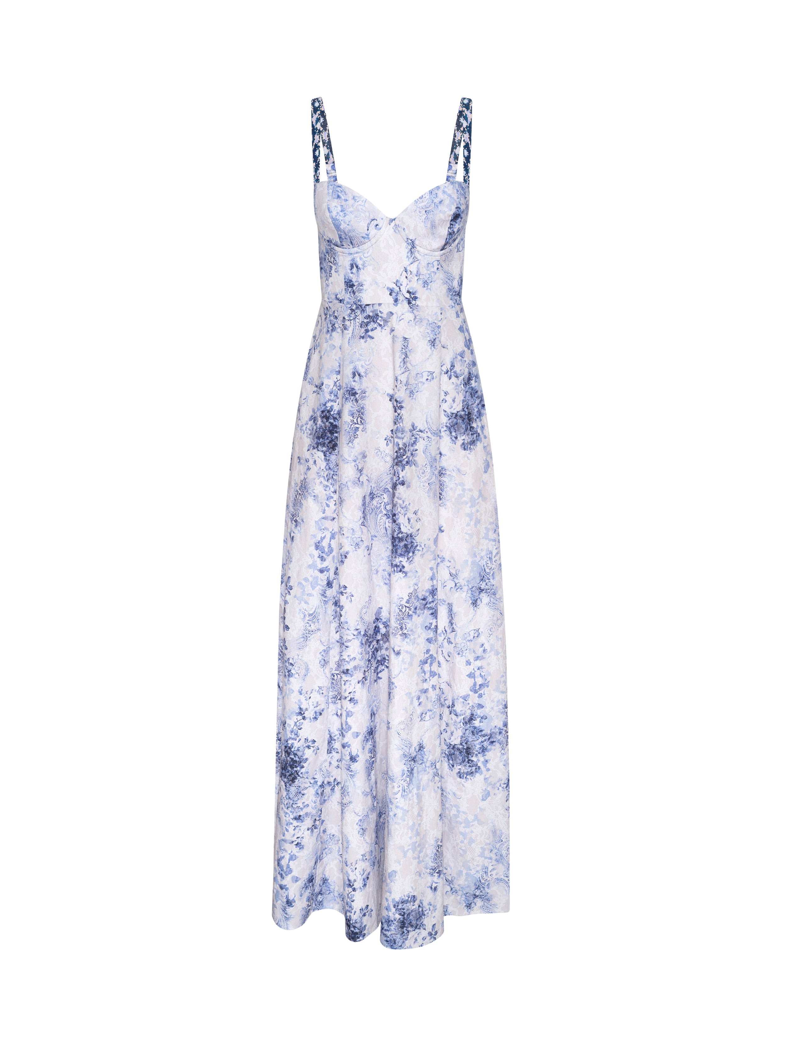 Sutton Beaded Strap Gown In Ivory/blue Watercolor Lace Paisley