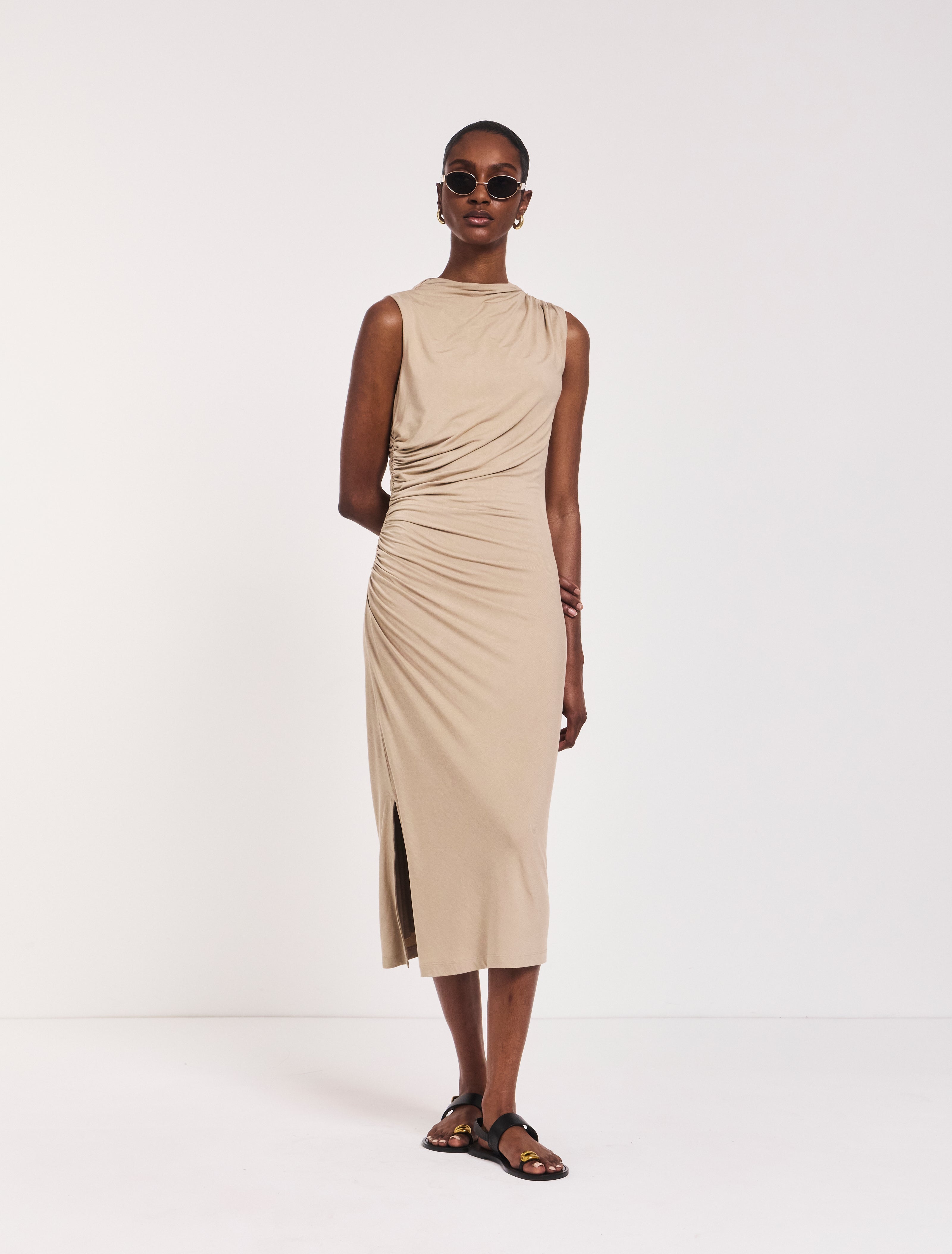 Lana Draped Midi Dress in Taupe - MicroModal