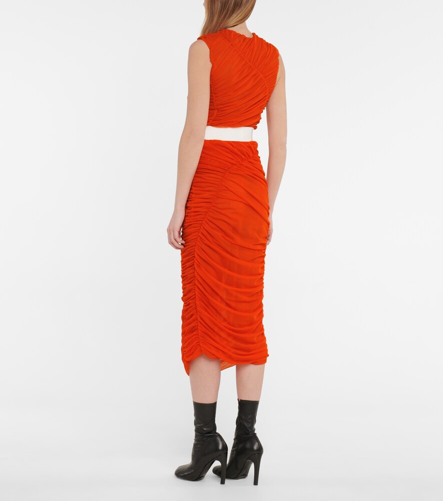 Ruched mesh midi skirt