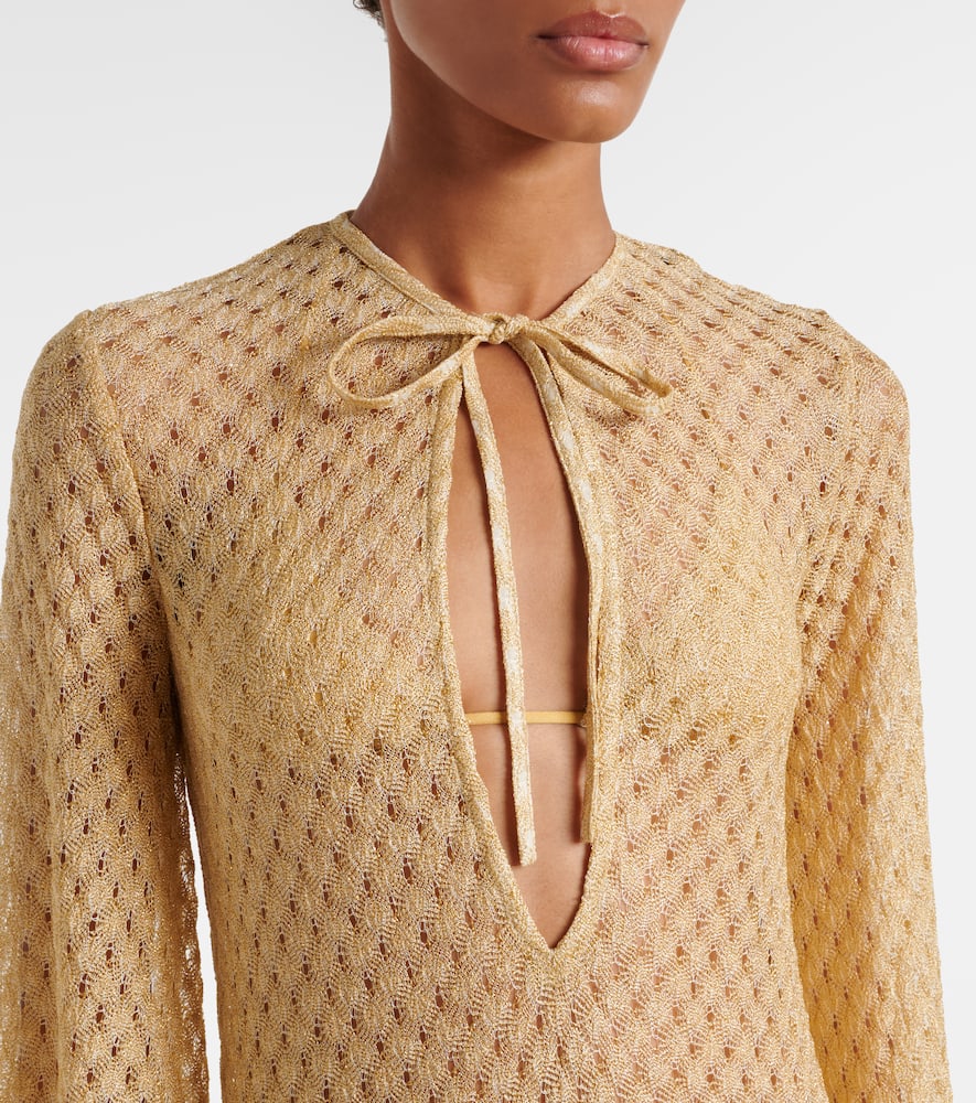 Open-knit tie-neck lamé kaftan