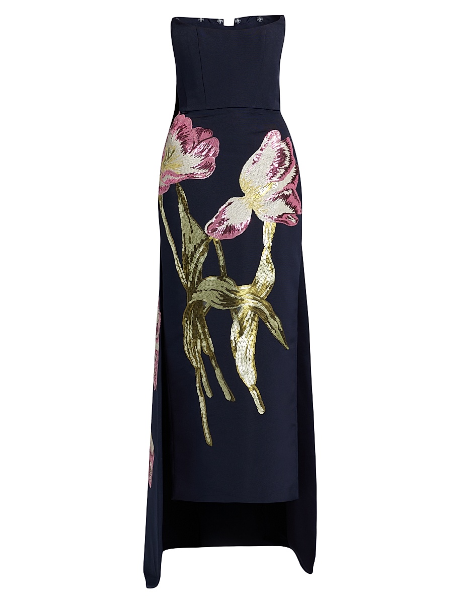 Women's Sequined Floral Strapless Gown - Navy
