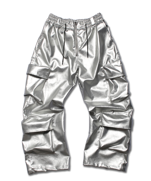 Vegan leather big cargo pants silver