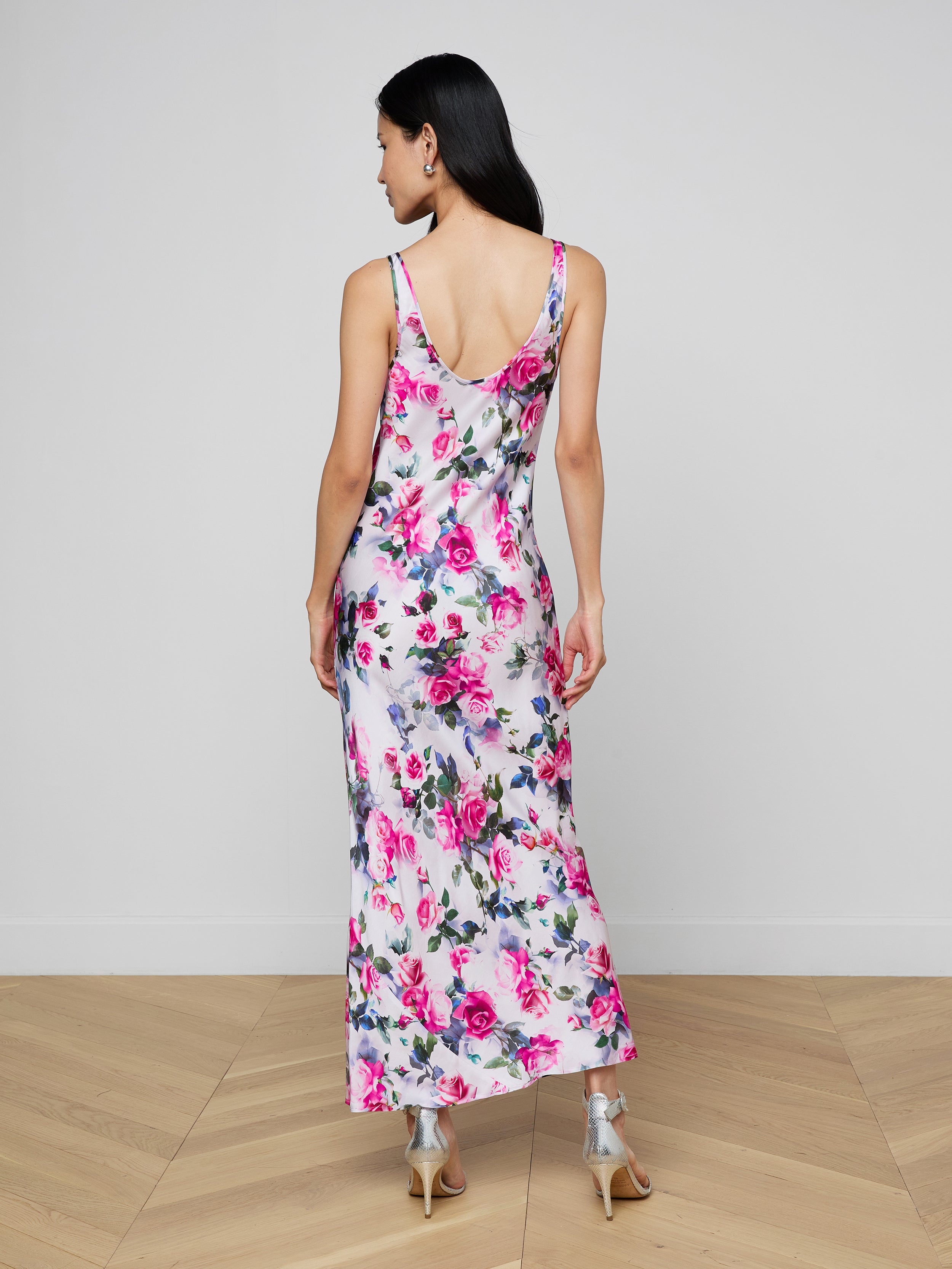 Akiya Satin Maxi Dress In Pink Multi Water Rose