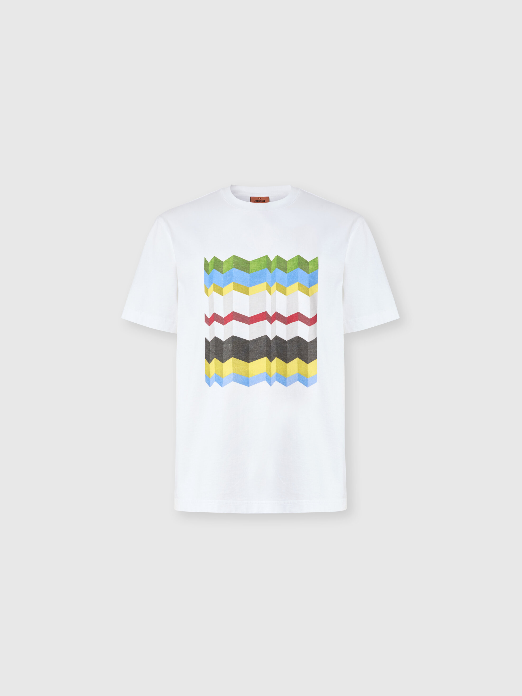 Missoni - Camiseta de algodón con cuello redondo y estampado de macro zigzag, Hombre, Blanco & Multicolor