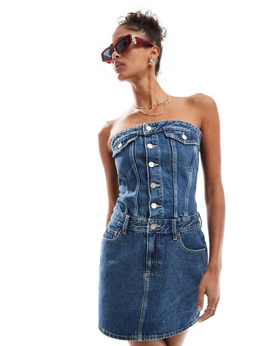 Carlisle denim bandeau mini dress with button front in midwash blue