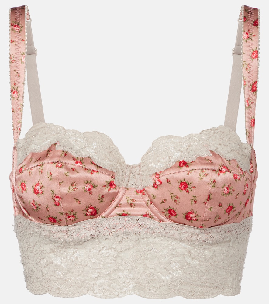 Floral lace-trimmed silk and cotton bra