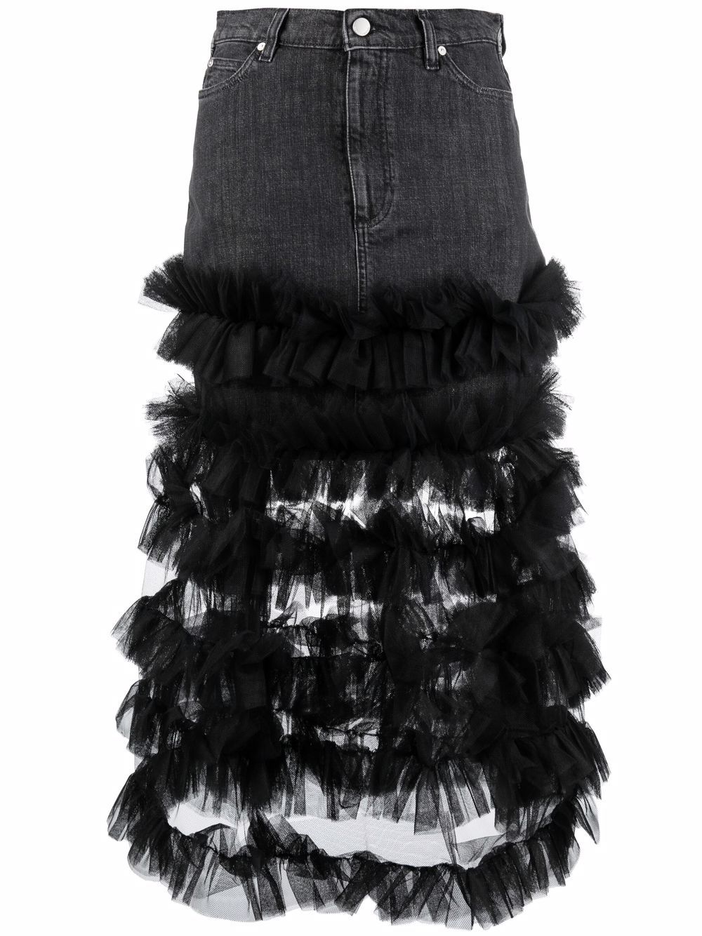 Ruffle tulle-trim denim A-line skirt - Black