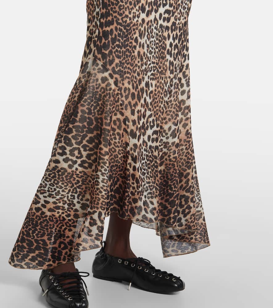 Ruched leopard-print mesh maxi dress
