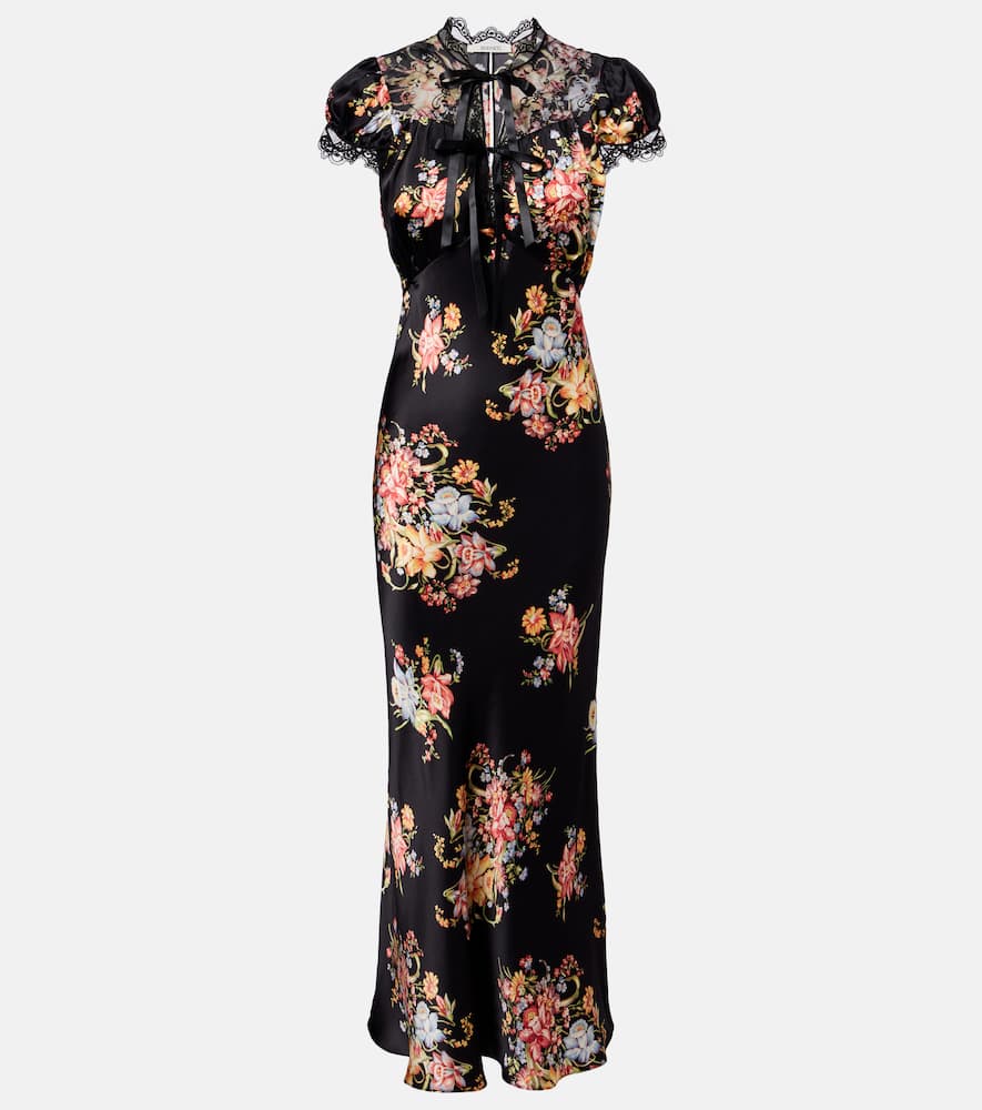 Floral lace-trimmed silk midi dress