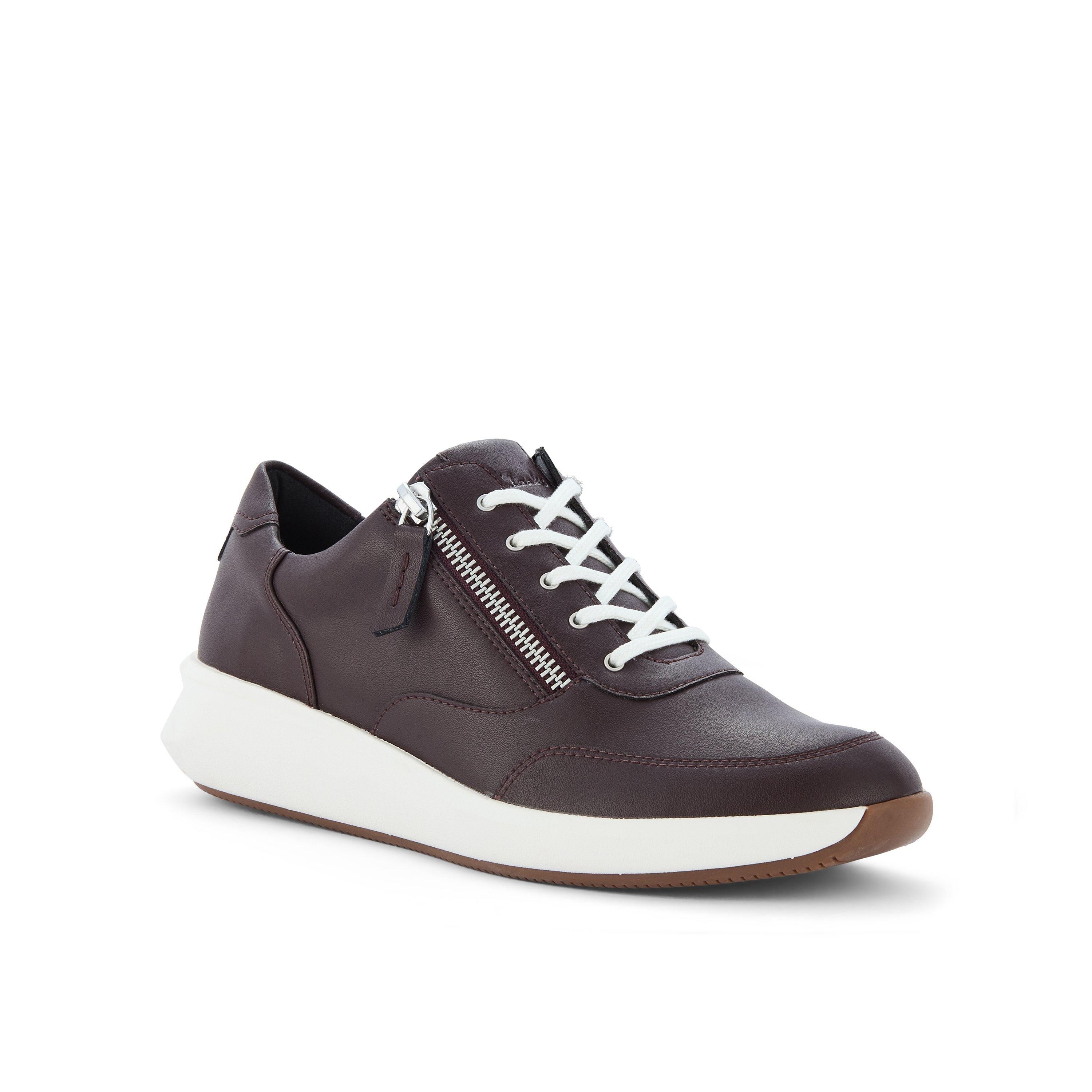 Clarks Women's Un Rio Zip Burgundy Leather Trainers in Red | : 5/Standard Fit