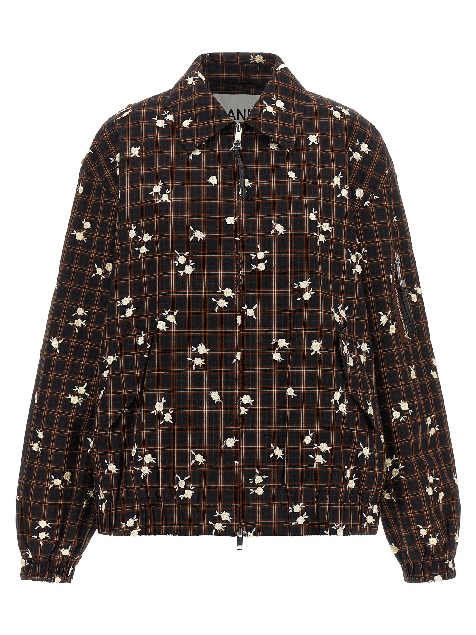 Check Flower Embroidered Jacket — Brown