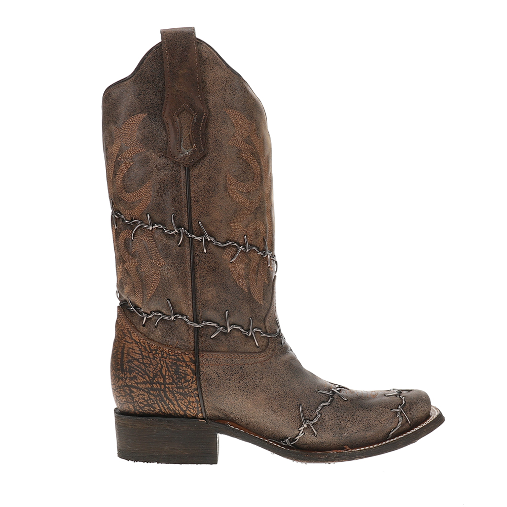 Brown Woven Barbed Wire Square Toe Rodeo Cowboy Boots