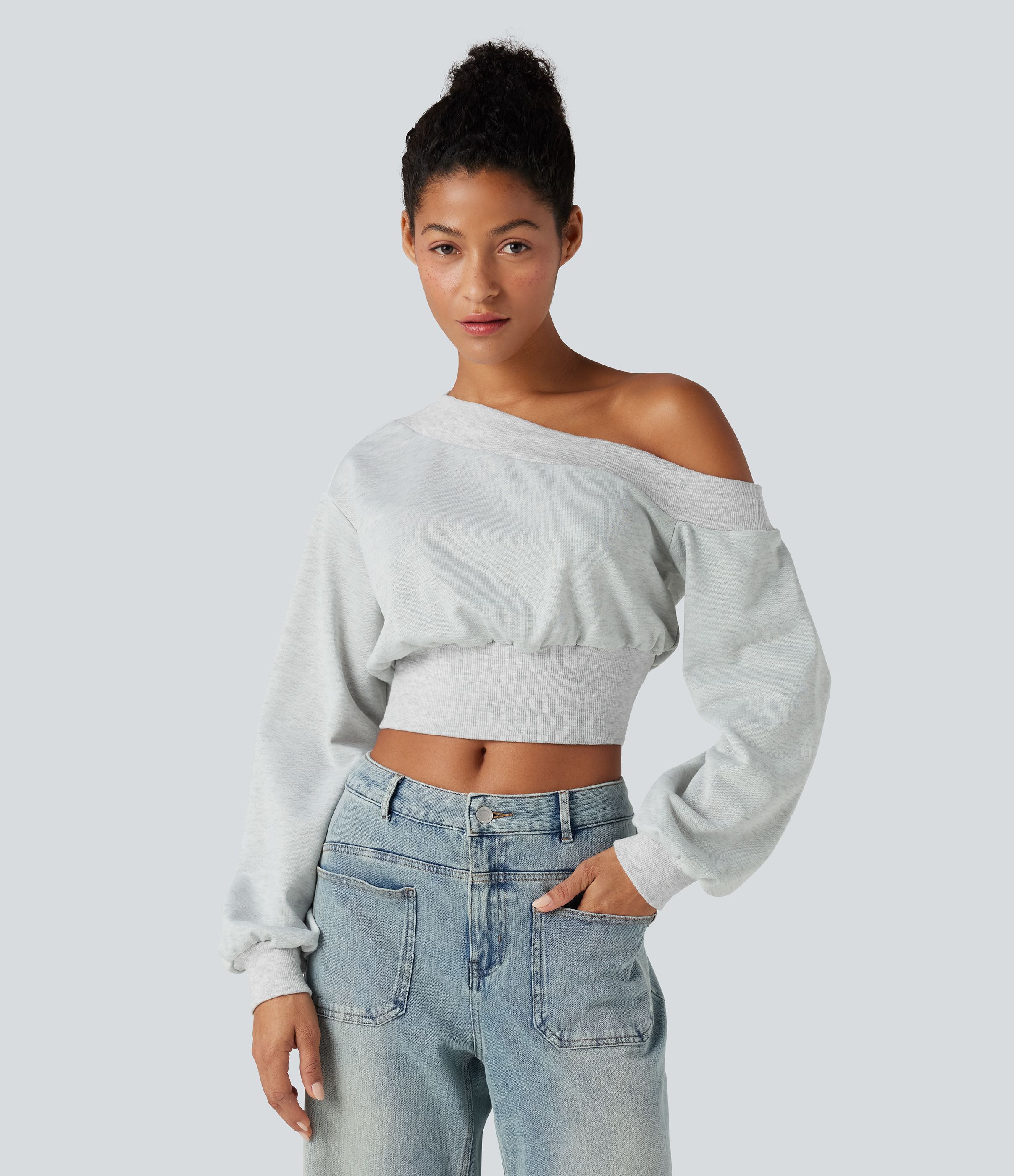 One-shoulder Long Sleeve Cropped Casual Sweatshirt  - Mottled Grey